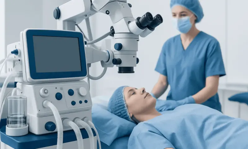 Surgeon using advanced microscope during a lumpectomy procedure at Acibadem Hospital.