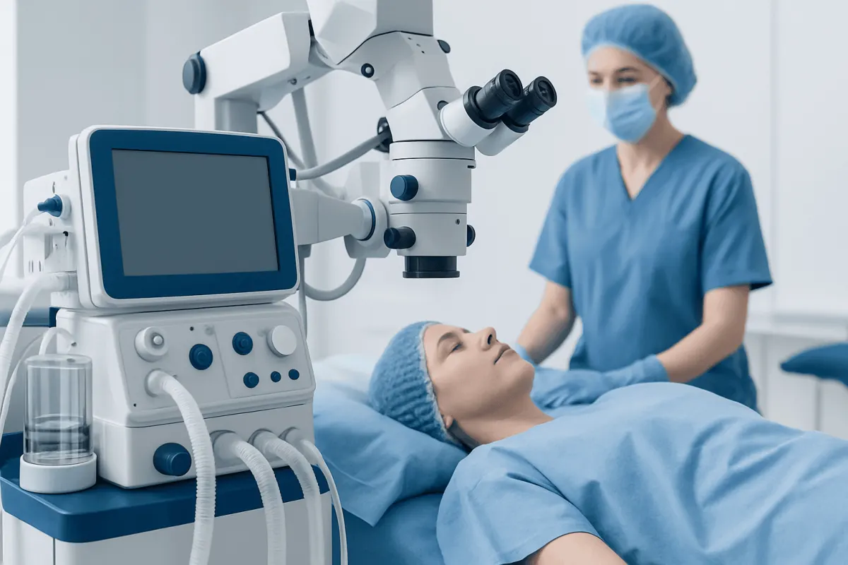 Surgeon using advanced microscope during a lumpectomy procedure at Acibadem Hospital.