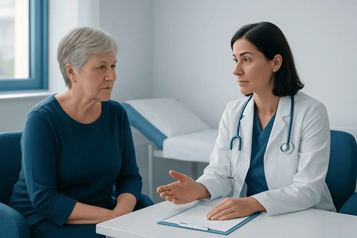 Doctor consulting with an elderly female patient in a medical office.