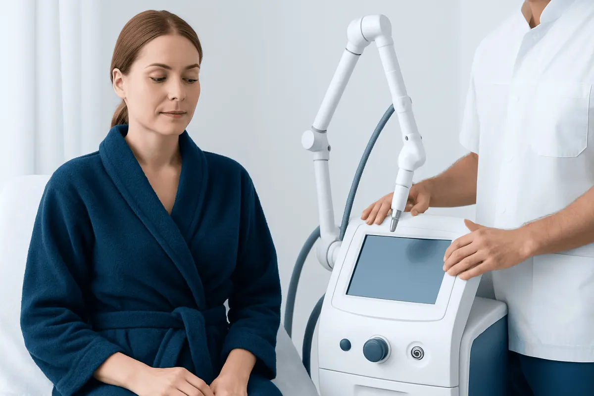 Medical professional performing skin treatment with advanced equipment.
