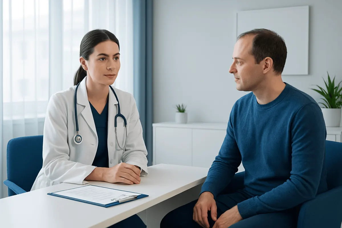 Doctor consulting patient in a modern medical office setting.