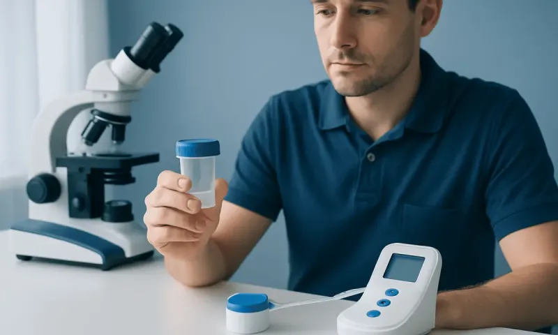 Man performing at-home sperm test with medical equipment and microscope.