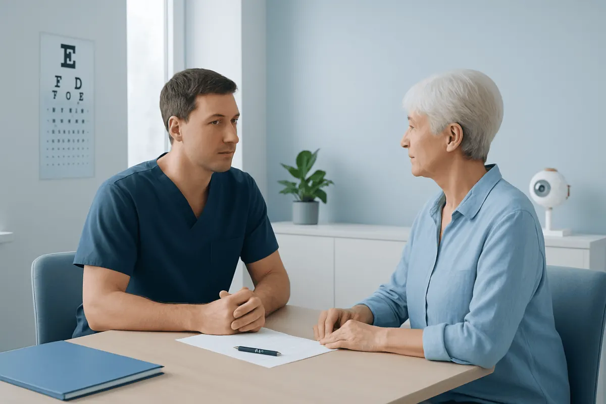 Doctor consulting with elderly patient in a medical office.
