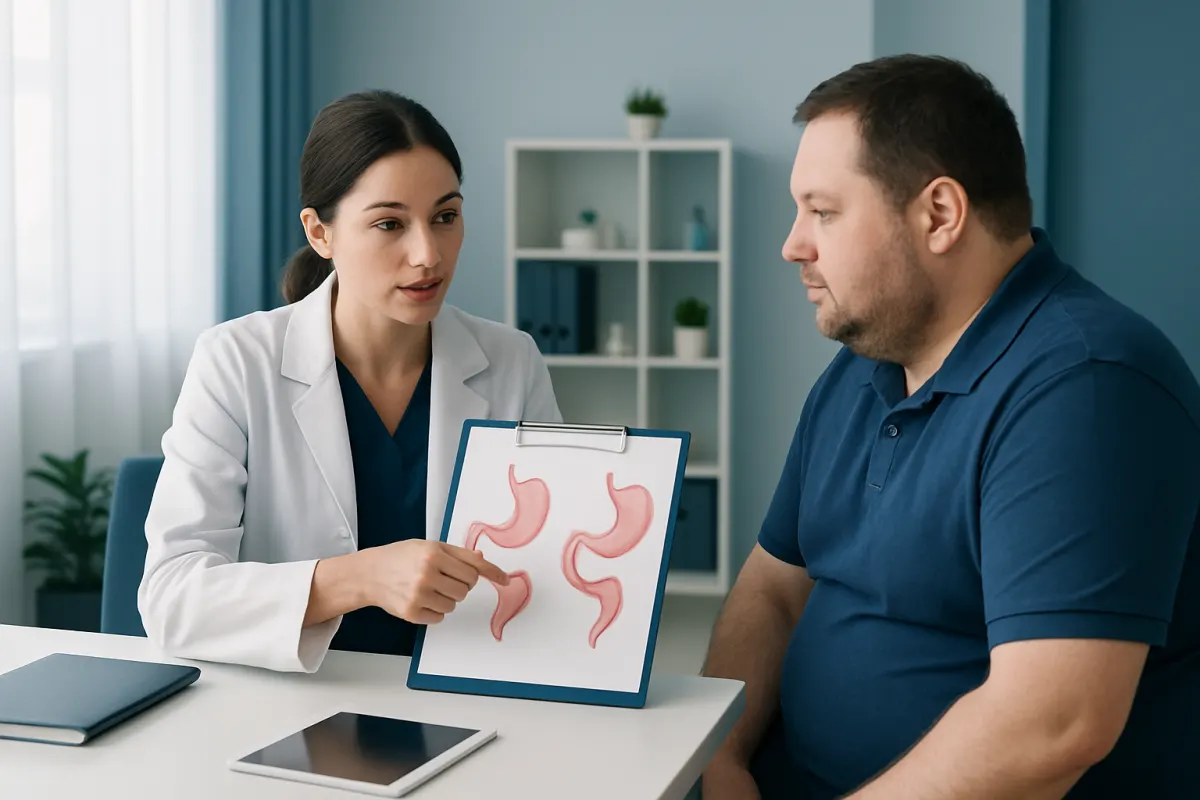 Doctor explaining stomach surgery options to patient with stomach diagrams.