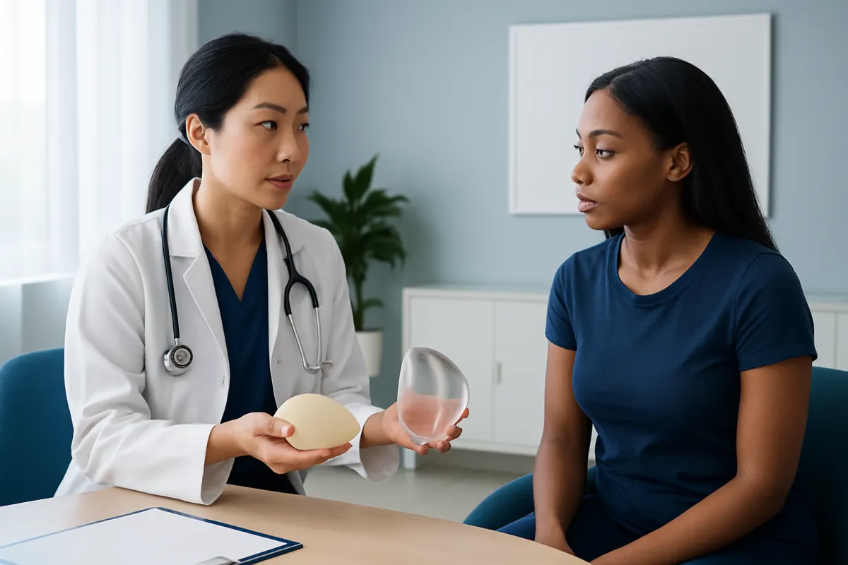 Doctor explaining breast implant options to a patient in consultation.