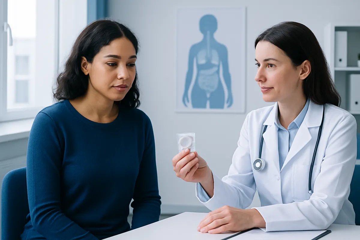 Doctor explaining condom use to a patient in a medical consultation.