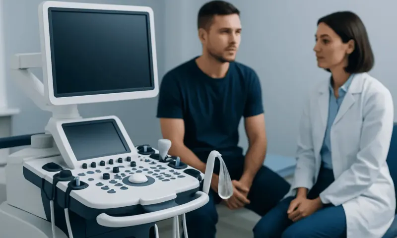 Doctor explaining ultrasound results to a patient in a medical clinic.