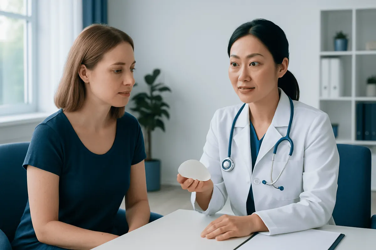 Doctor explaining gummy bear implants to patient in consultation room.