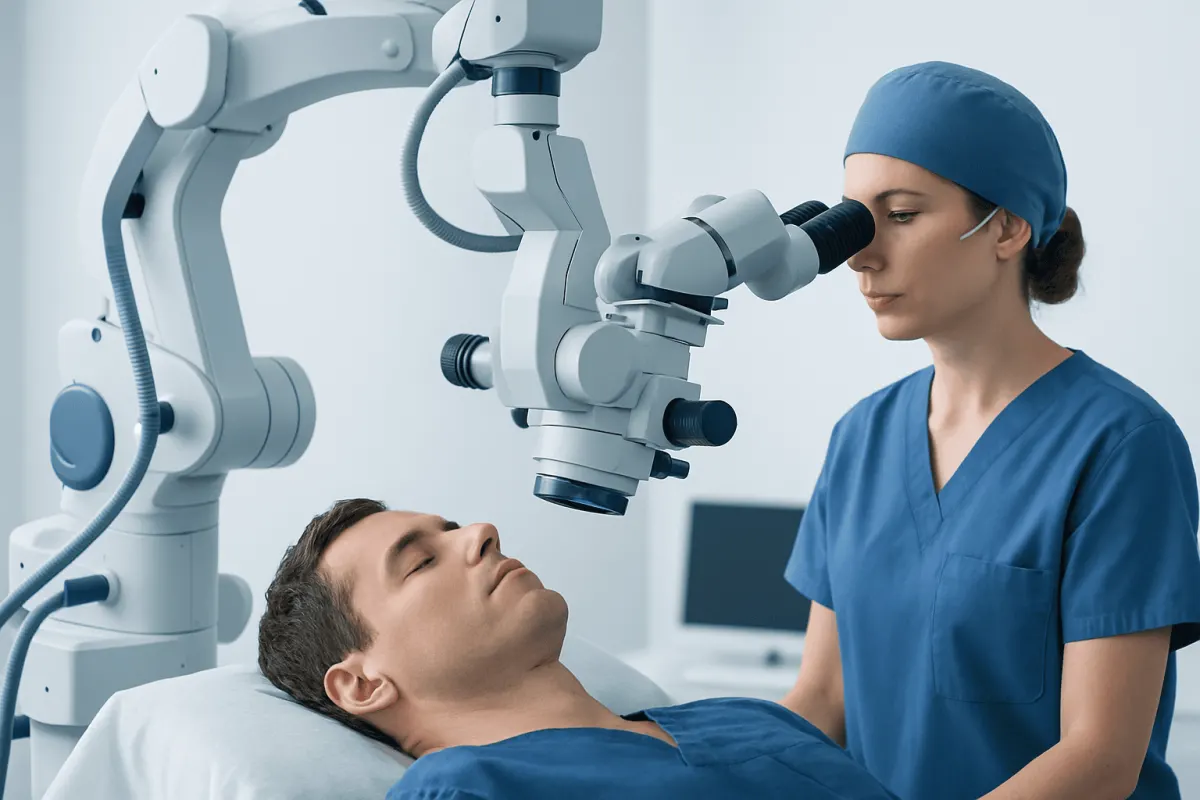 Surgeon performing minimally invasive neurosurgery with advanced microscope.