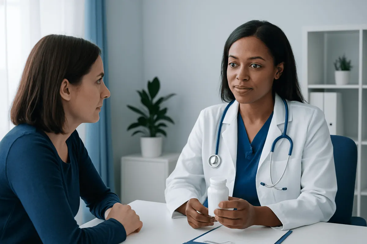 Doctor explaining medication to a patient in a clinic setting.