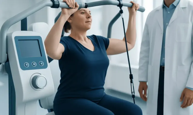 Woman using a medical lifting and strength training device in a clinical setting.