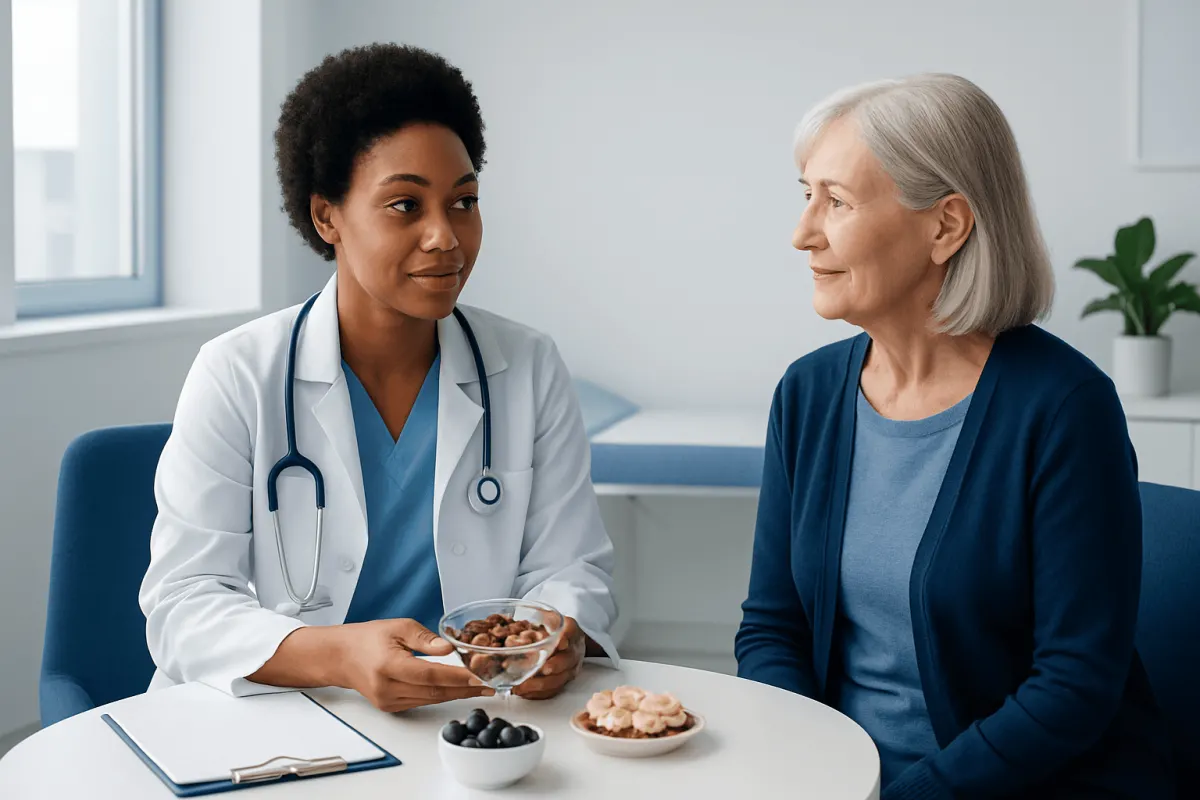 Doctor discussing healthy snacks with elderly woman in clinic.