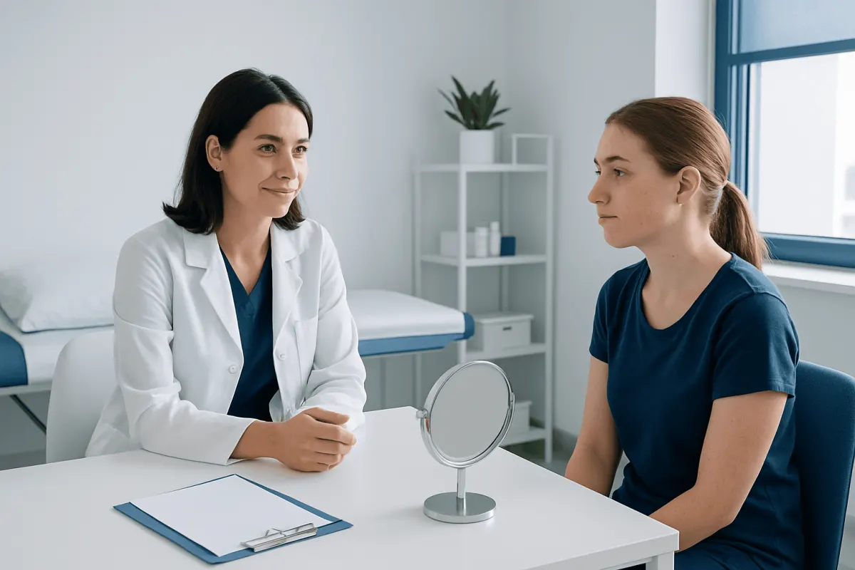 Doctor consulting with a young female patient in a medical office.