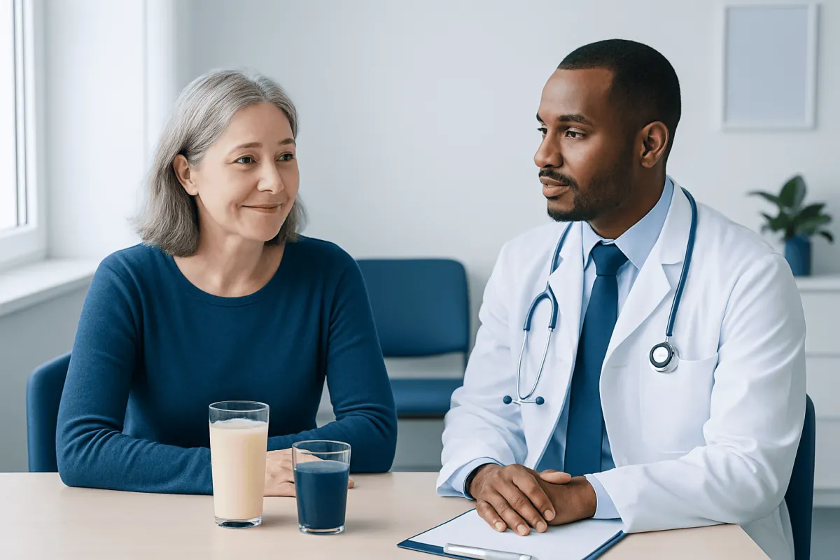 Doctor consulting with an older female patient in a medical office.