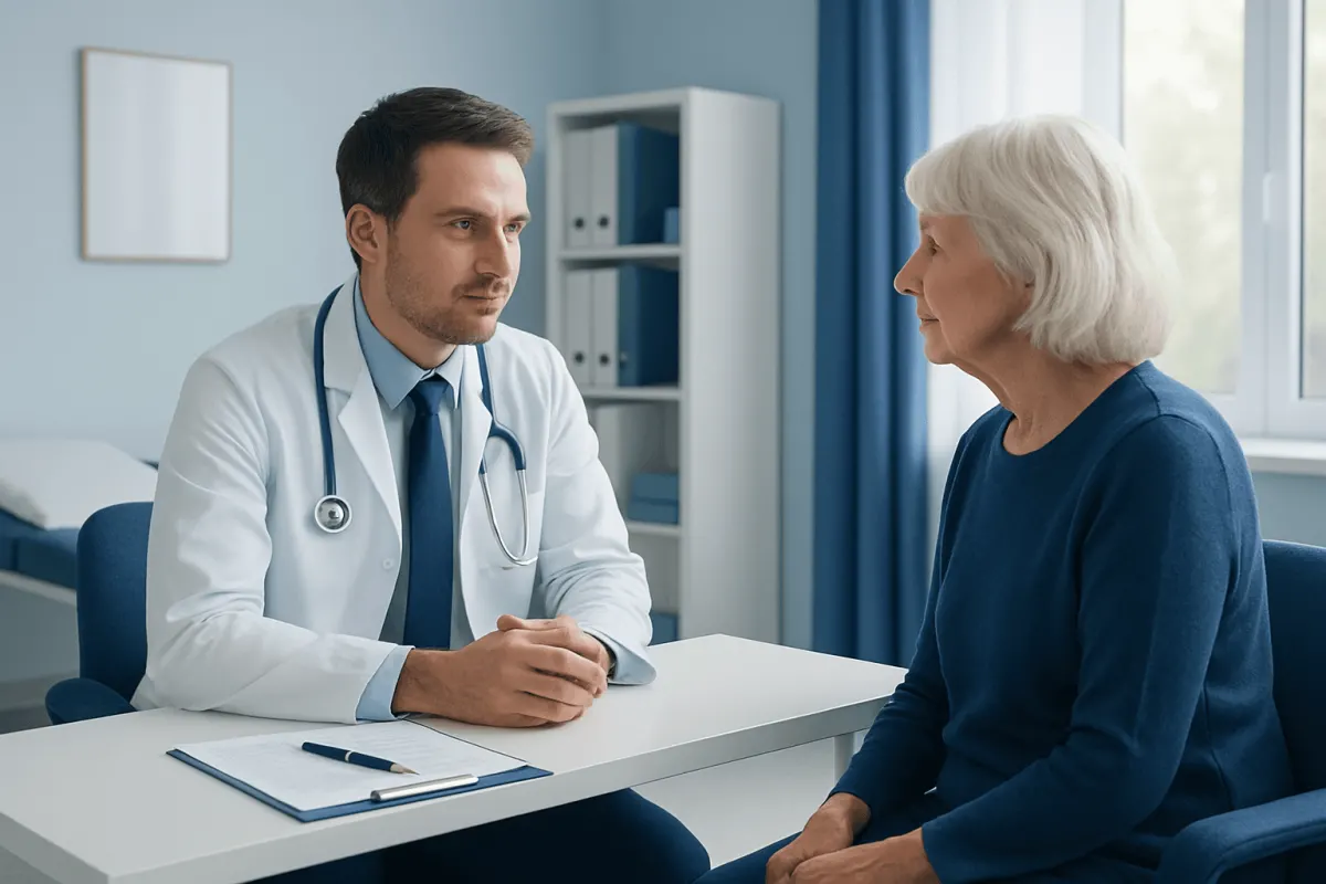 Doctor consulting with elderly woman in a hospital room.