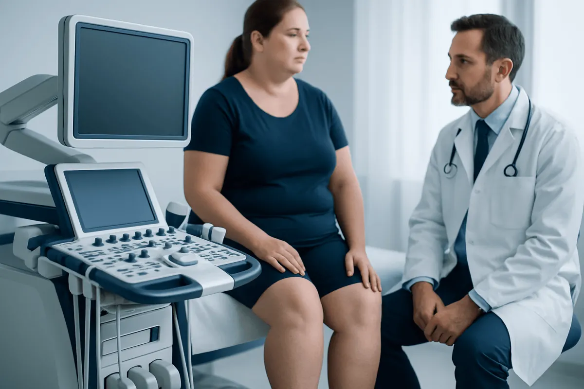 Doctor consulting with patient during medical examination in clinic.