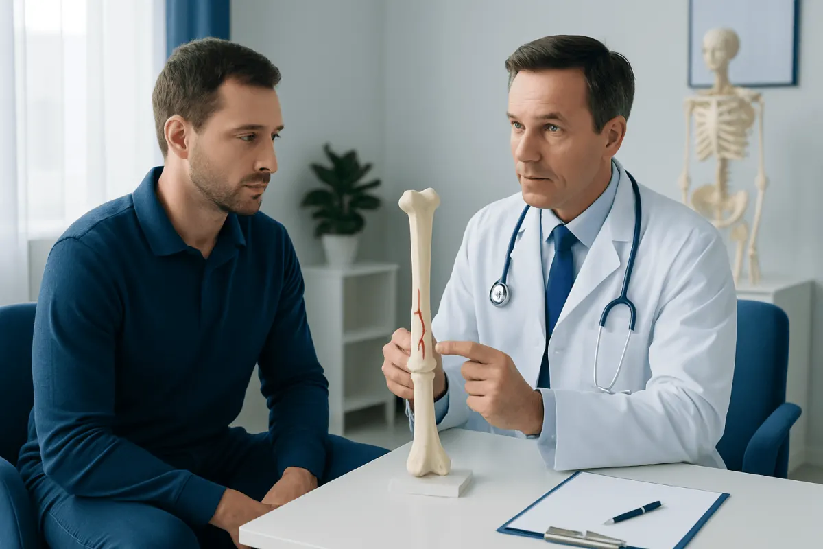 Doctor explaining bone fracture treatment to patient with bone model.