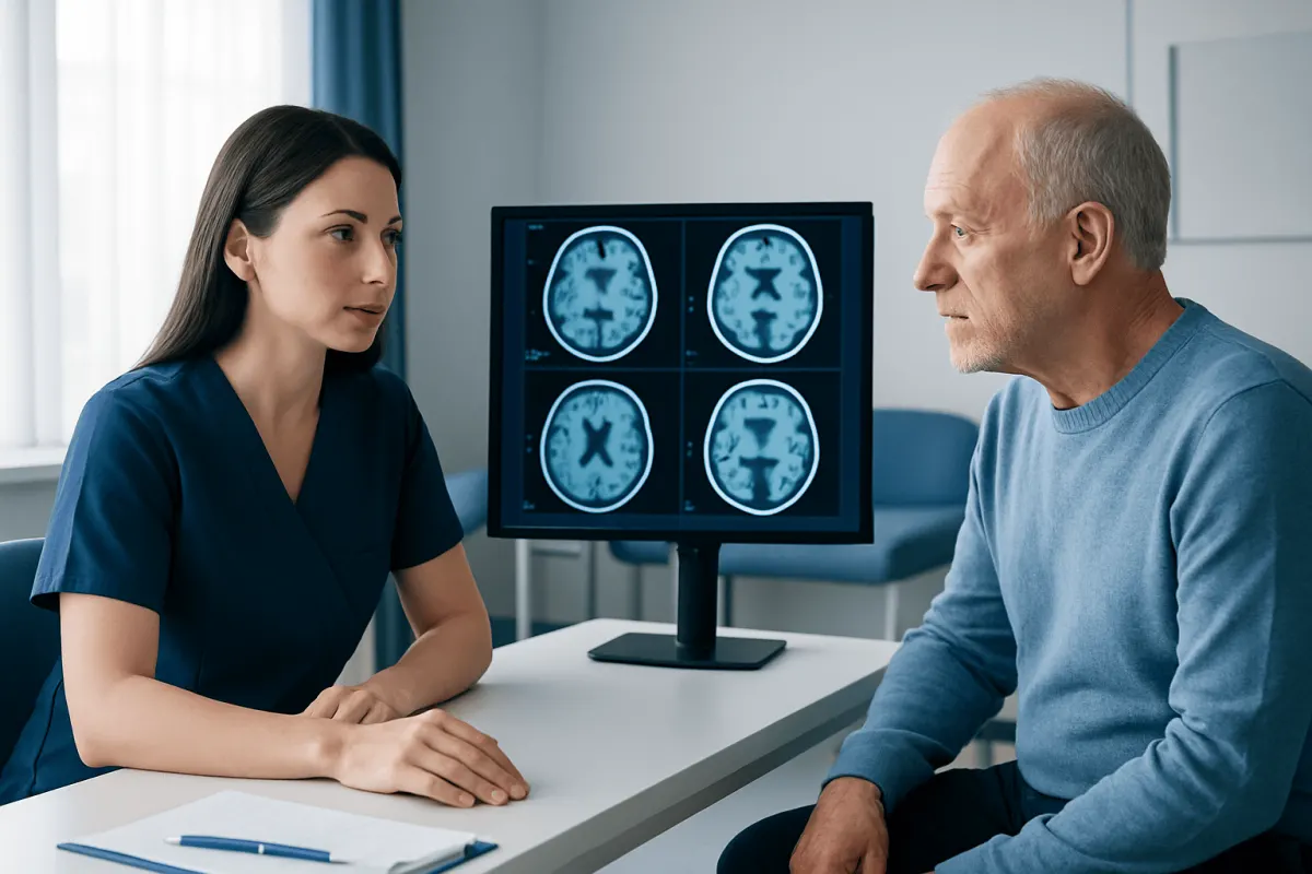 Doctor and patient discussing brain MRI scans in a medical consultation room.