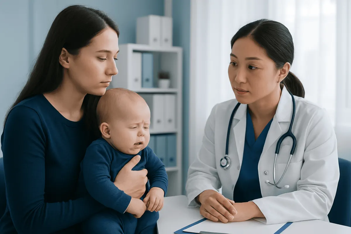 Doctor examining a crying baby with mother in a clinic setting.