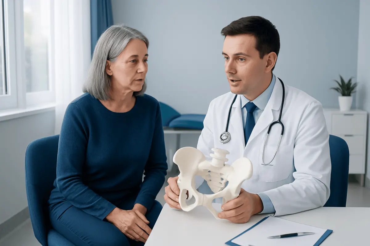 Doctor explaining pelvic anatomy to an elderly woman in a medical consultation.