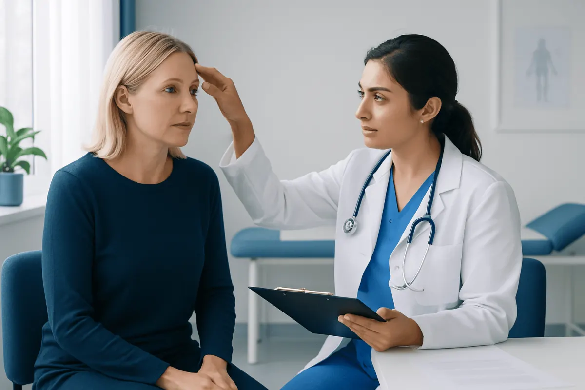 Doctor examining a woman's forehead in a consultation room.