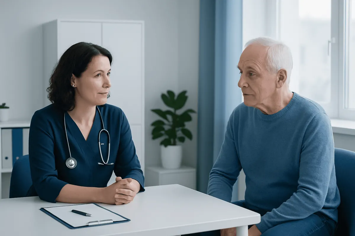 Doctor consulting with an elderly patient in a medical office.