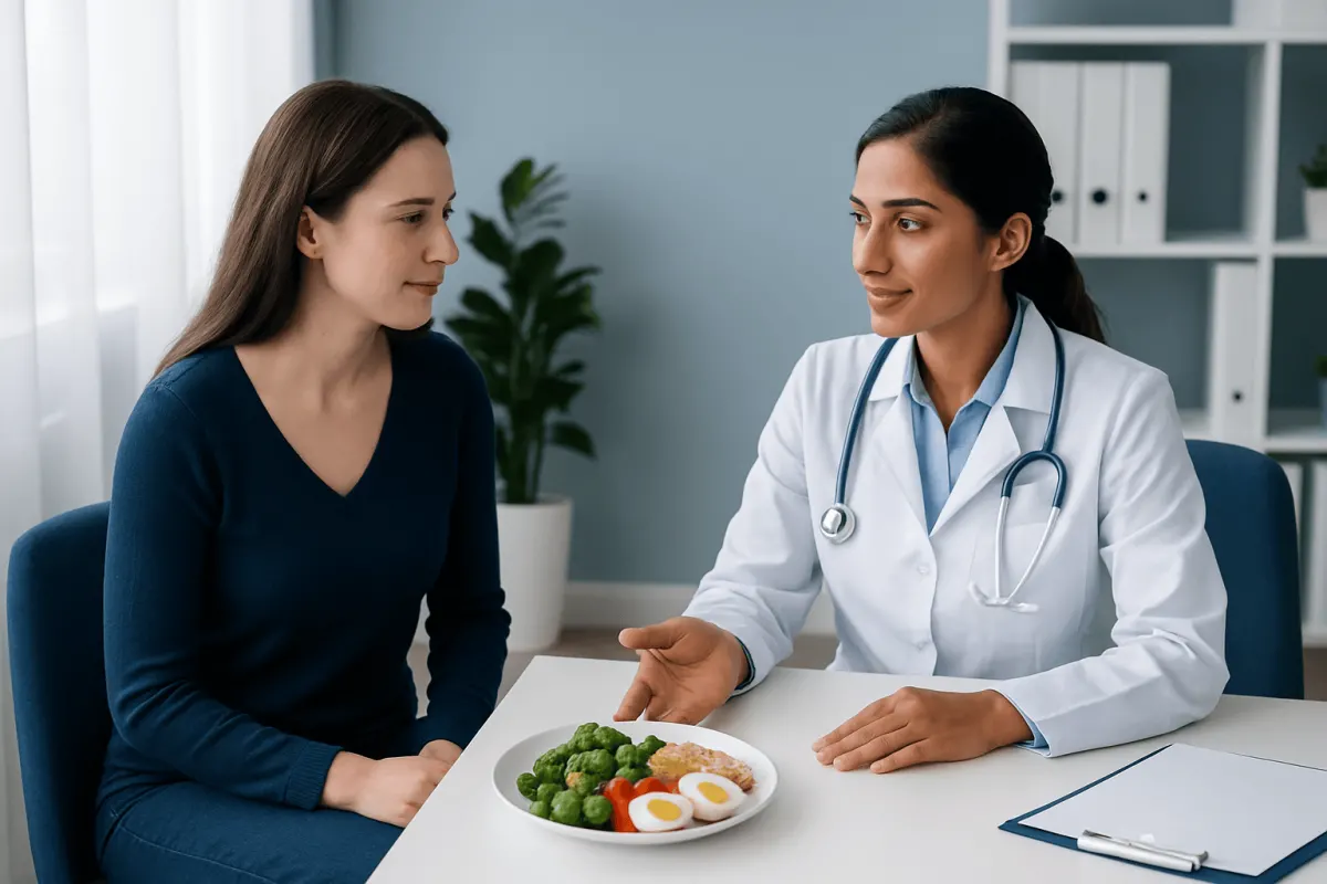 Doctor consulting with patient about vegetarian diet and health.