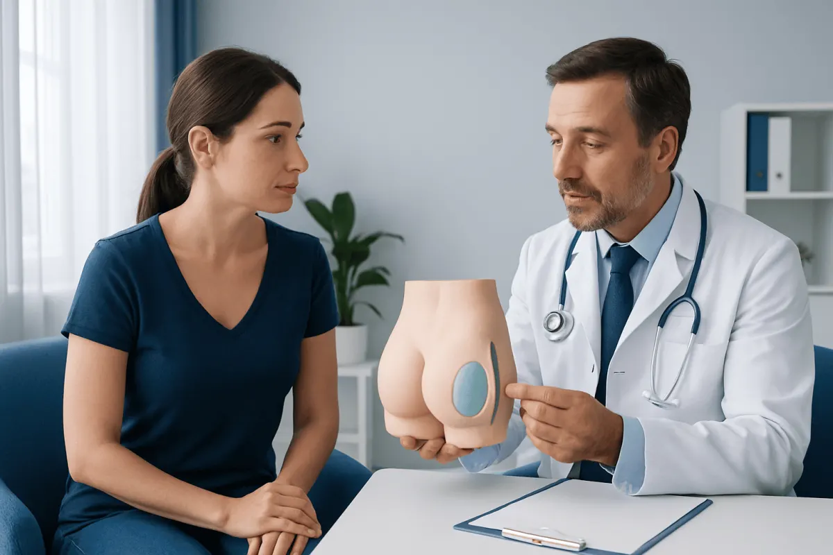 Doctor explaining buttock implant model to patient in consultation room.