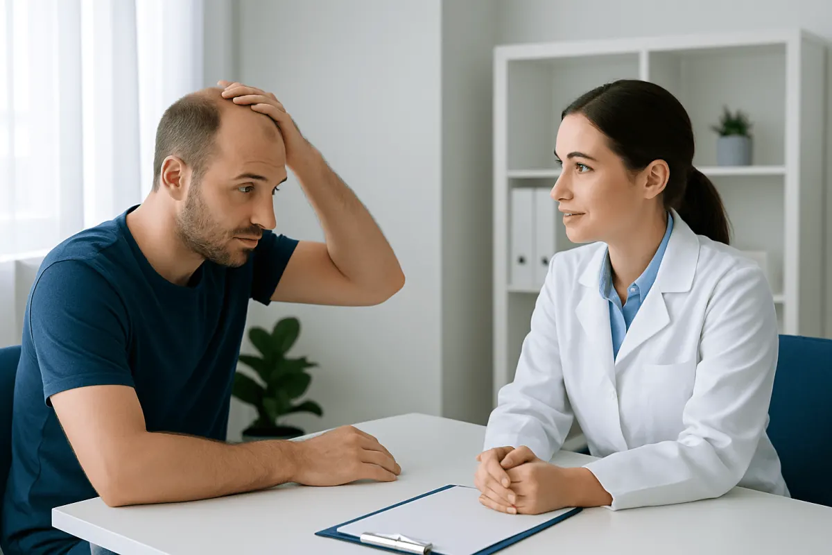Patient consulting with doctor about hair transplant options at Acibadem Hospital.