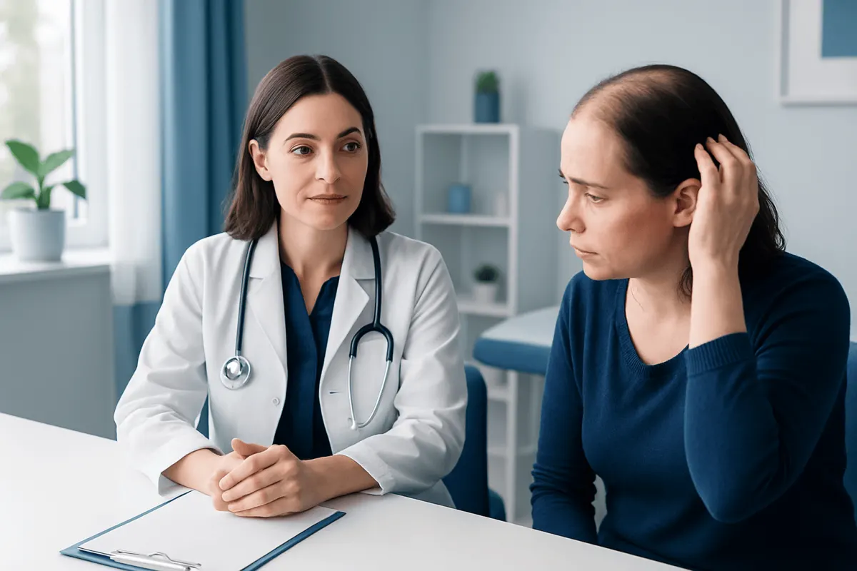 Female patient consulting with a doctor about hair loss treatment options.