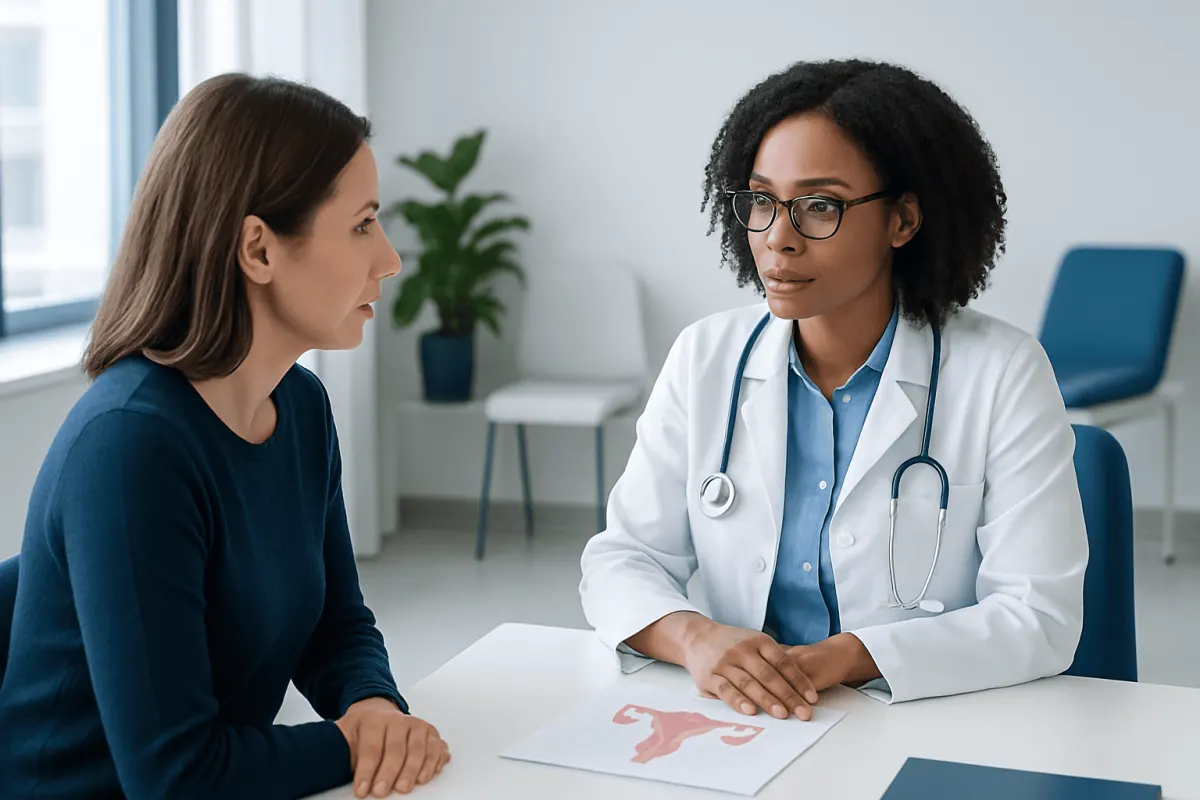 Doctor consulting with patient about uterine health and growths.