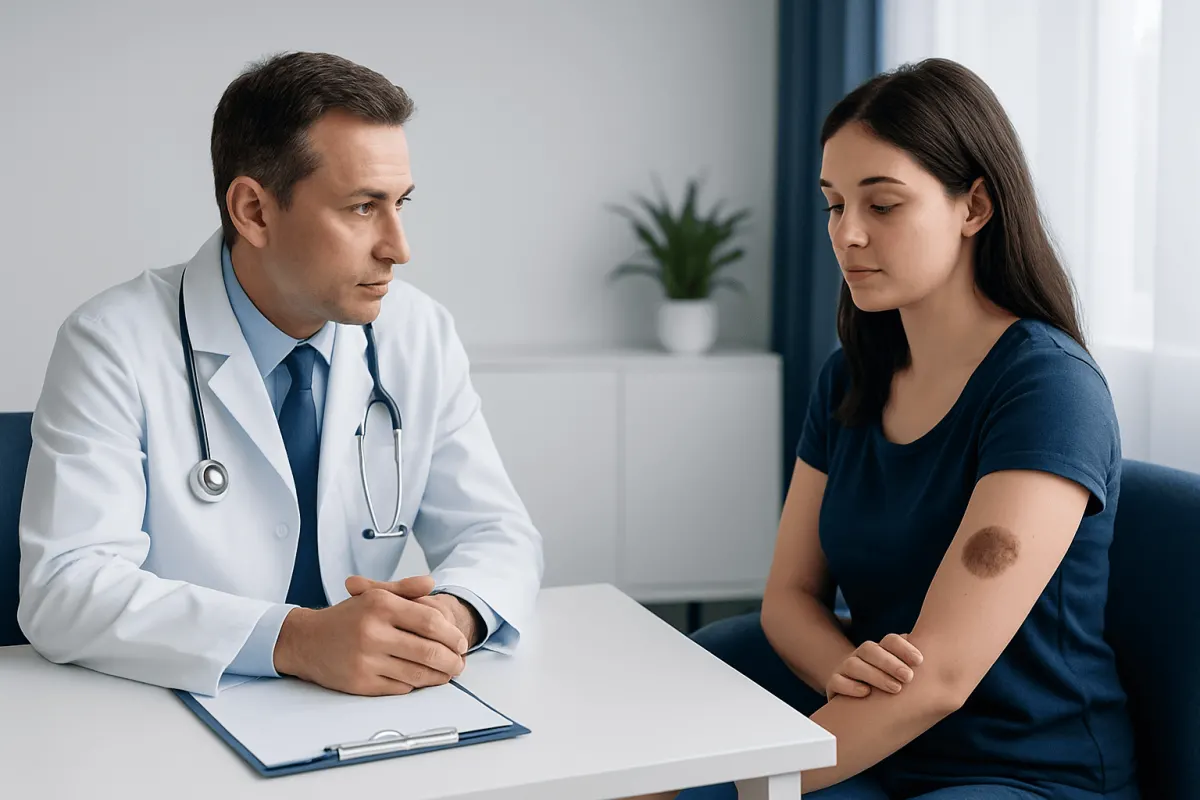 Doctor consulting with a young woman about a mole on her arm.