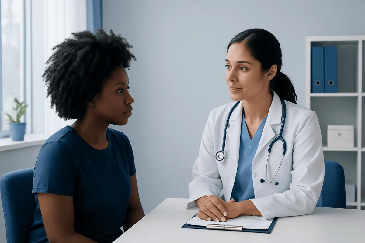 Doctor consulting with a patient in a modern medical office.