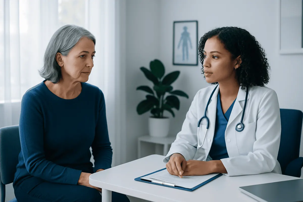 Doctor consulting with an older female patient in a medical office.