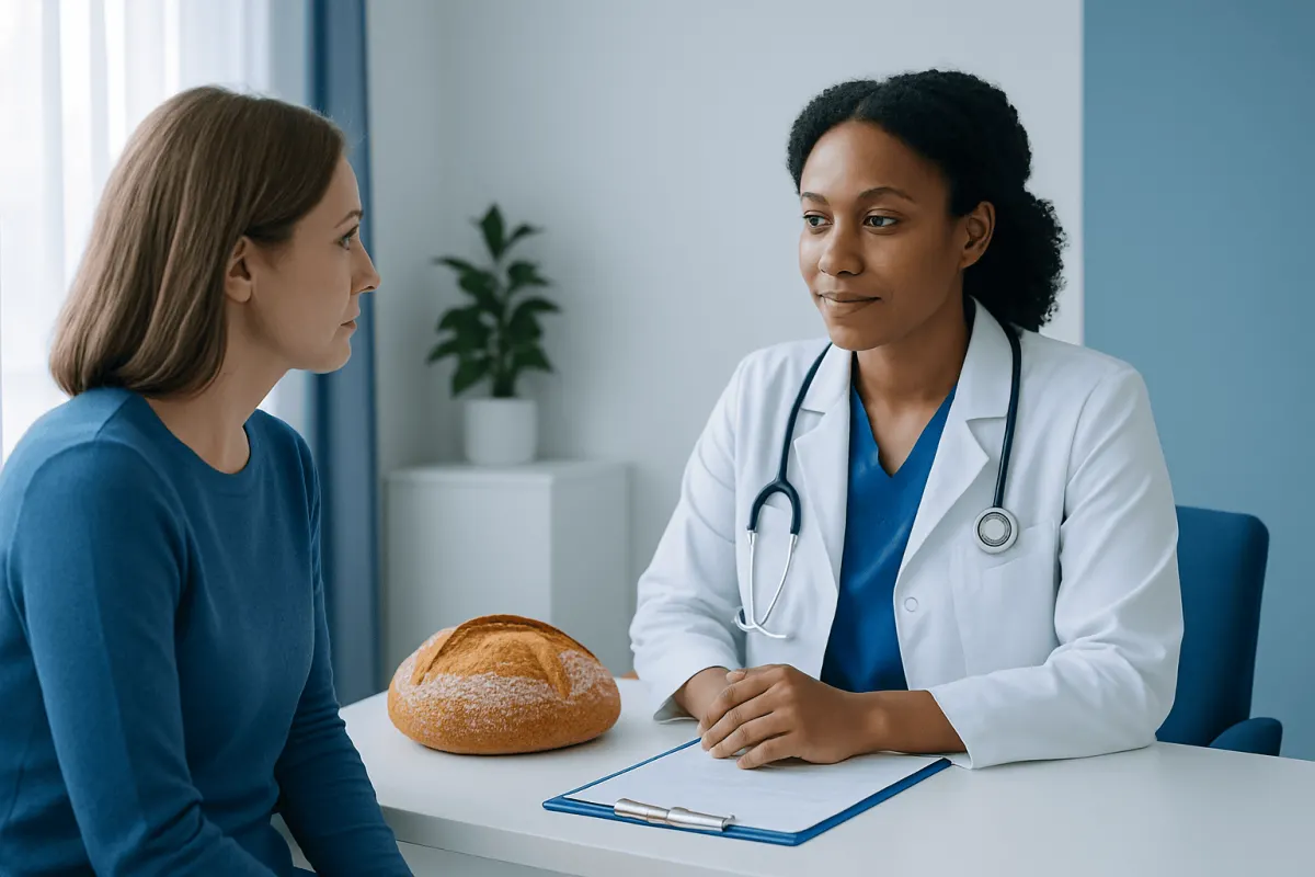 Doctor consulting with patient about colonoscopy preparation and diet.