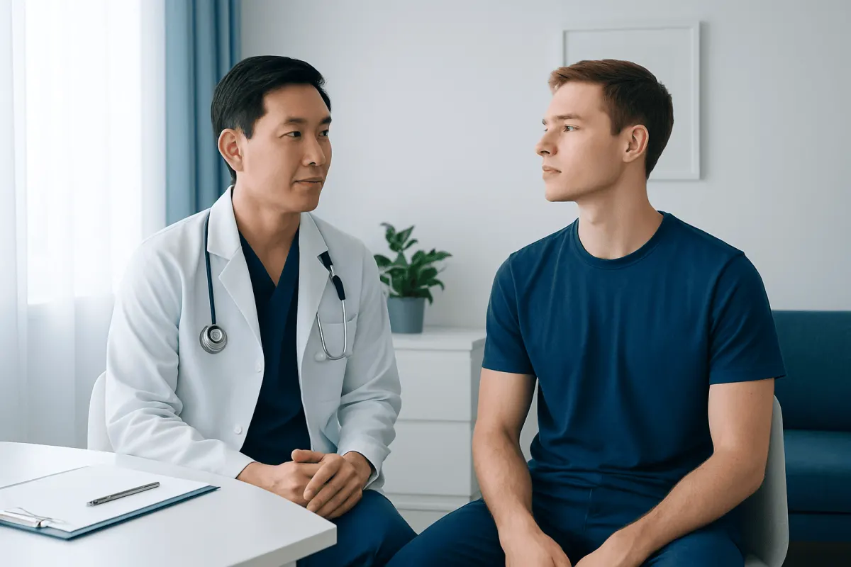 Doctor consulting with a young male patient in a medical office.