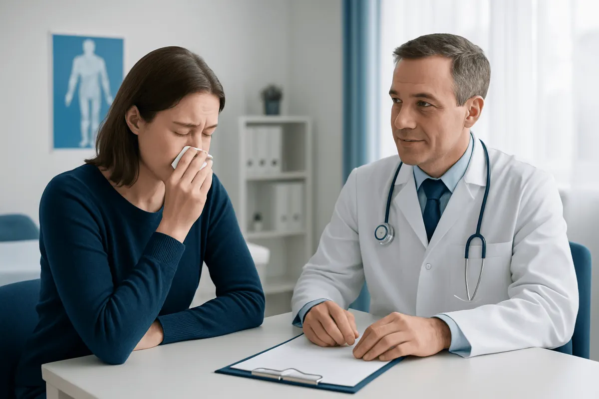 Patient with cold consulting doctor in hospital setting.