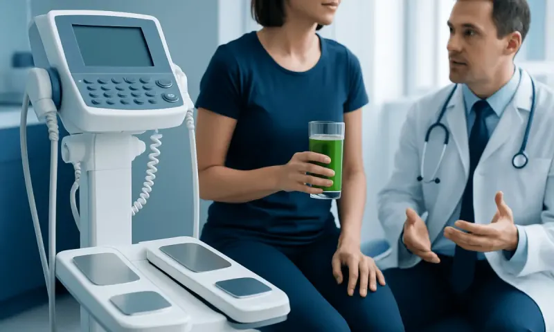 Doctor consulting patient with green juice in hospital setting.