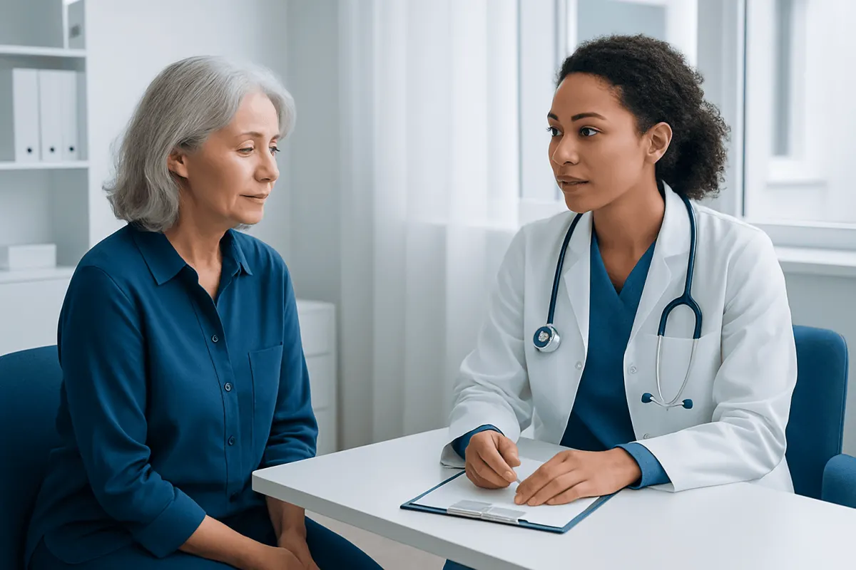 Doctor consulting with an elderly female patient in a medical office.