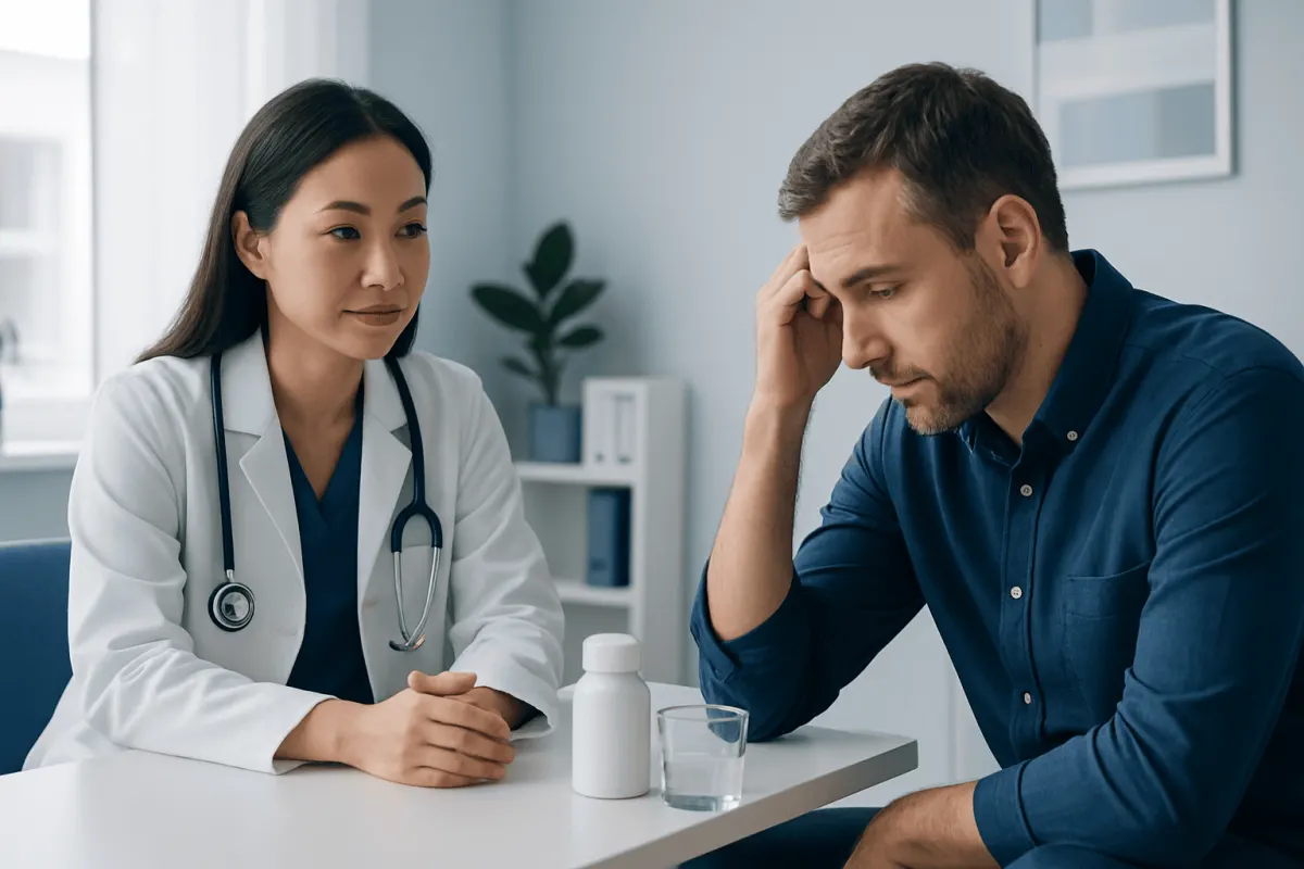 Doctor consulting with a patient about health concerns in a medical office.