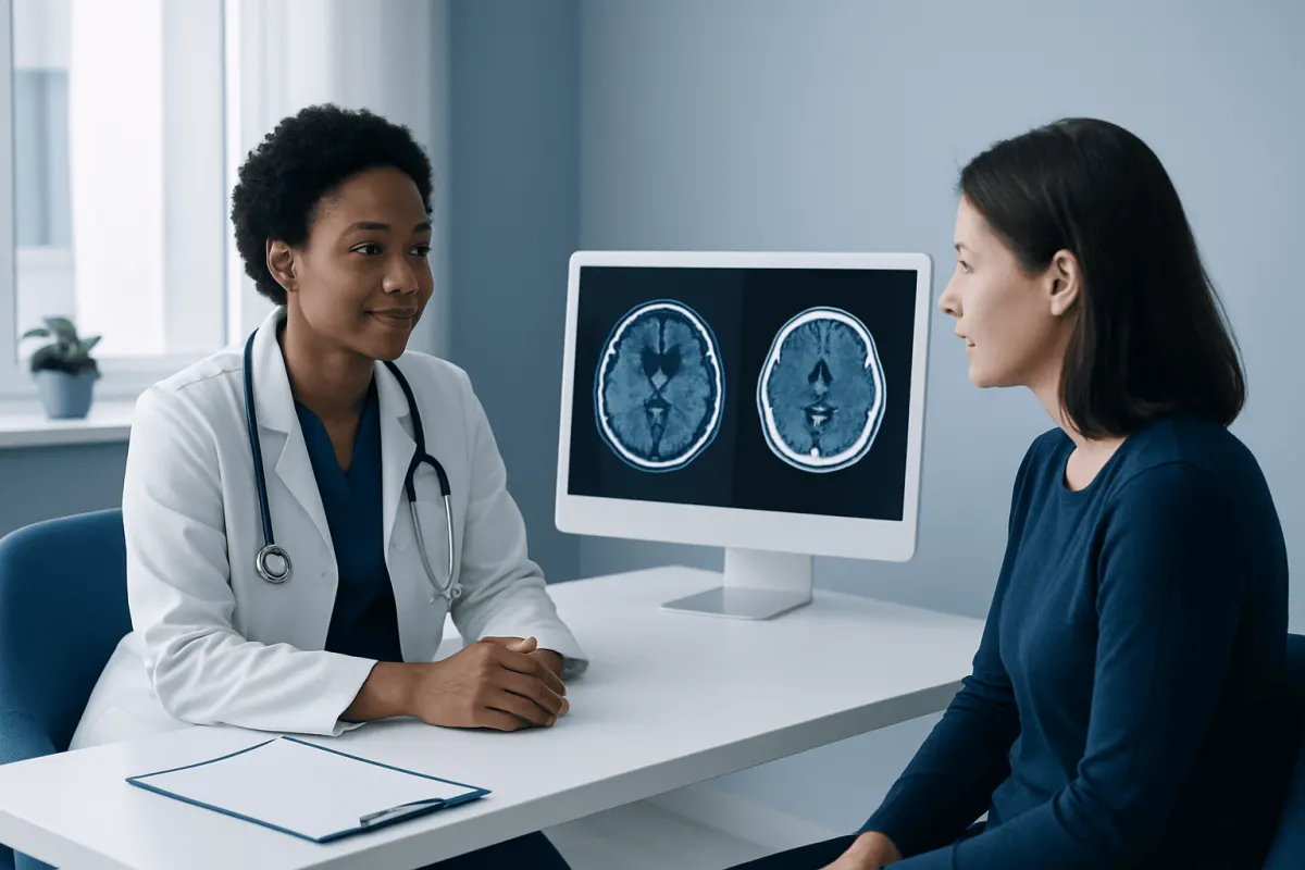 Doctor explaining brain scan results to patient in a medical consultation room.