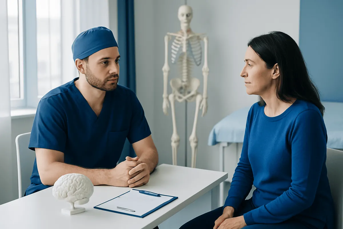 Neurologist consulting with a patient in a medical office with a skeleton model in the background.