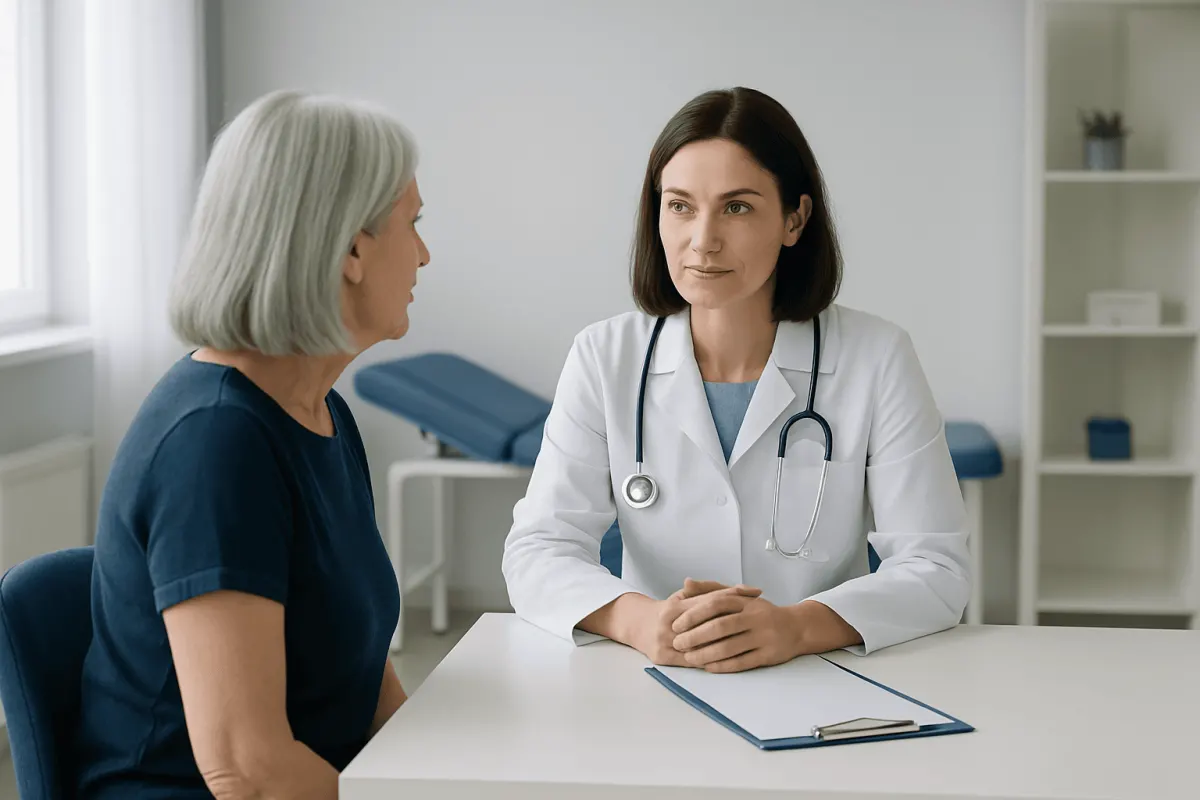 Doctor consulting with an elderly patient in a medical office.