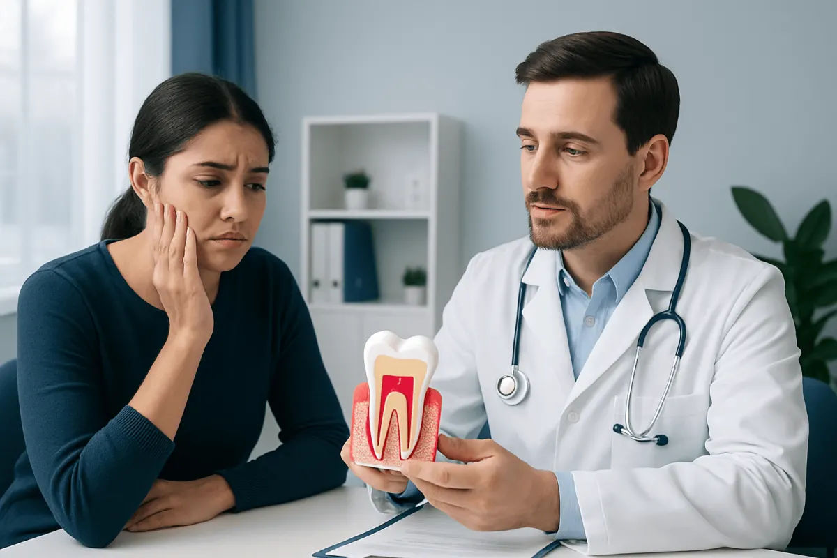 Dentist explaining gum health to a patient with tooth pain.