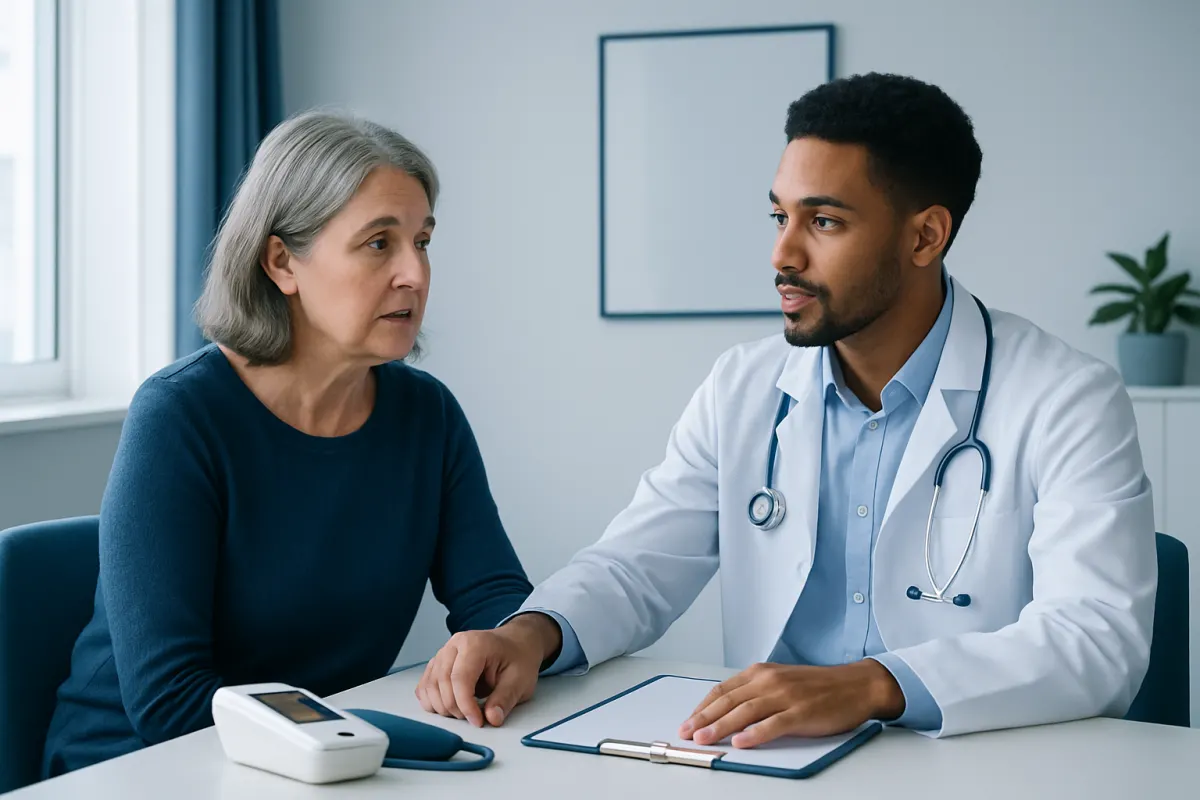 Doctor consulting with an elderly woman about health concerns in a medical office.