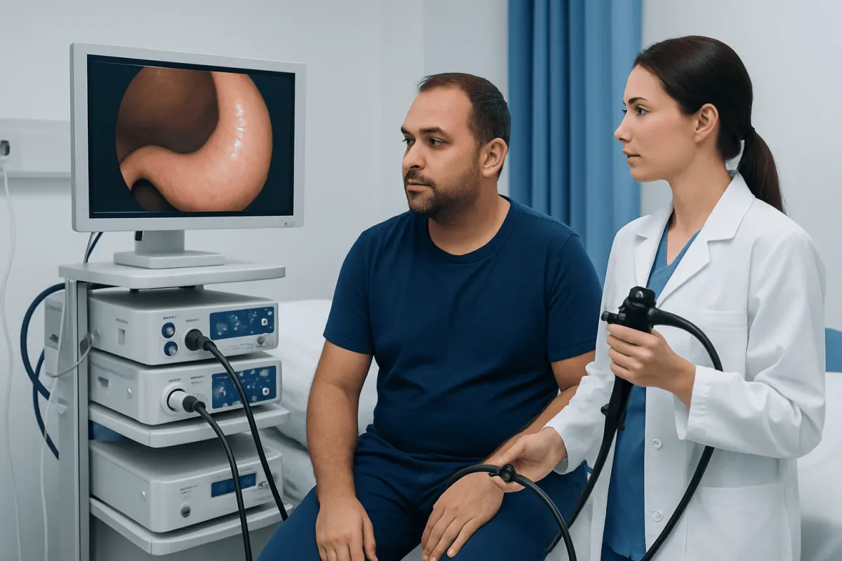 Gastroenterologist examines patient's stomach via endoscopy at Acibadem Hospital.