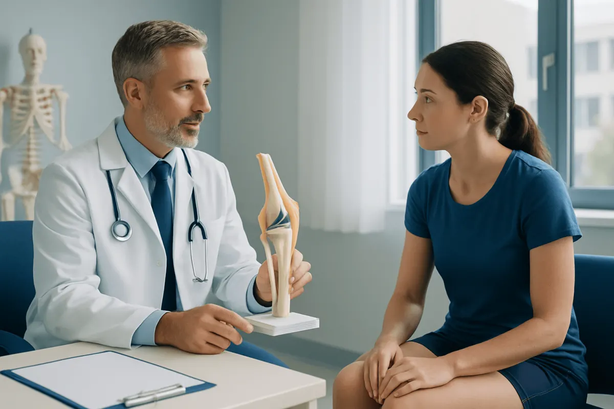 Orthopedic doctor explaining knee anatomy to patient in consultation room.