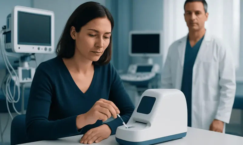 Woman performing yeast infection at-home test with medical device in clinic.