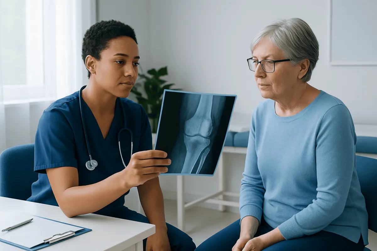 Medical professional explains knee X-ray to elderly patient in clinic.