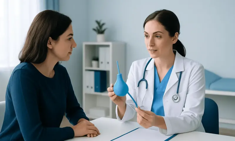 Doctor explaining enema catheter use to patient in consultation room.